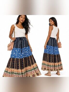 NWT Jackpot Breathable Boho Multi-Color Tiered Maxi Skirt Patchwork Gypsy